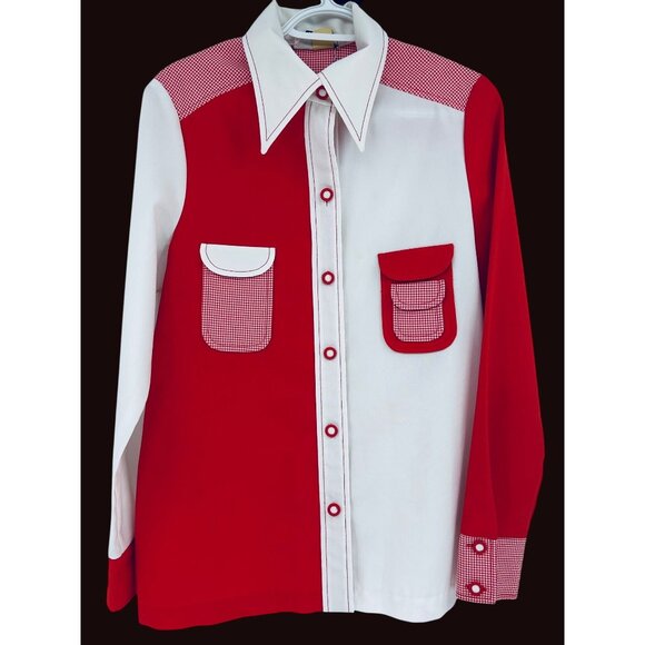 Giggles Other - Vintage 70s Red & White Western Shirt Houndstooth Accents Snap Buttons  Est Sz M